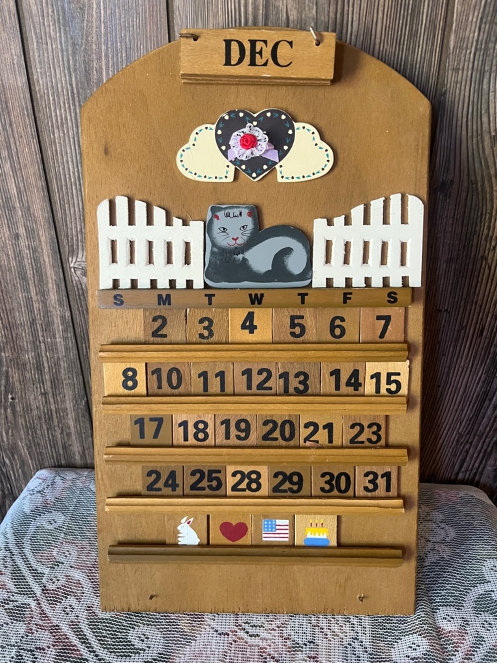 Wooden Perpetual Calendar with Cat & Heart Accents - Brown